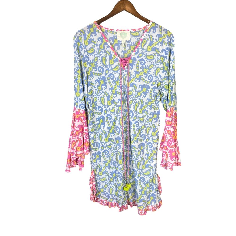 Z&L Pink Blue Ornamental Paisley Colorful Bell Sleeve Coverup Tunic Mini Dress - Picture 7 of 13